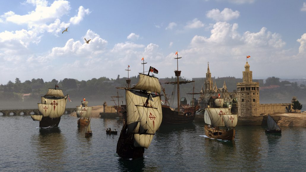So ähnlich mag Magellans Flotte ausgesehen haben: Die Segelschiffe vom Typ „Nao“ gelten als typisch für das 16. Jahrhundert. Auf ihren Segeln, wie auch auf der Hemdbrust ihres Befehlshabers, prangte das blutrote Schwertkreuz des Ordens von Santiago.